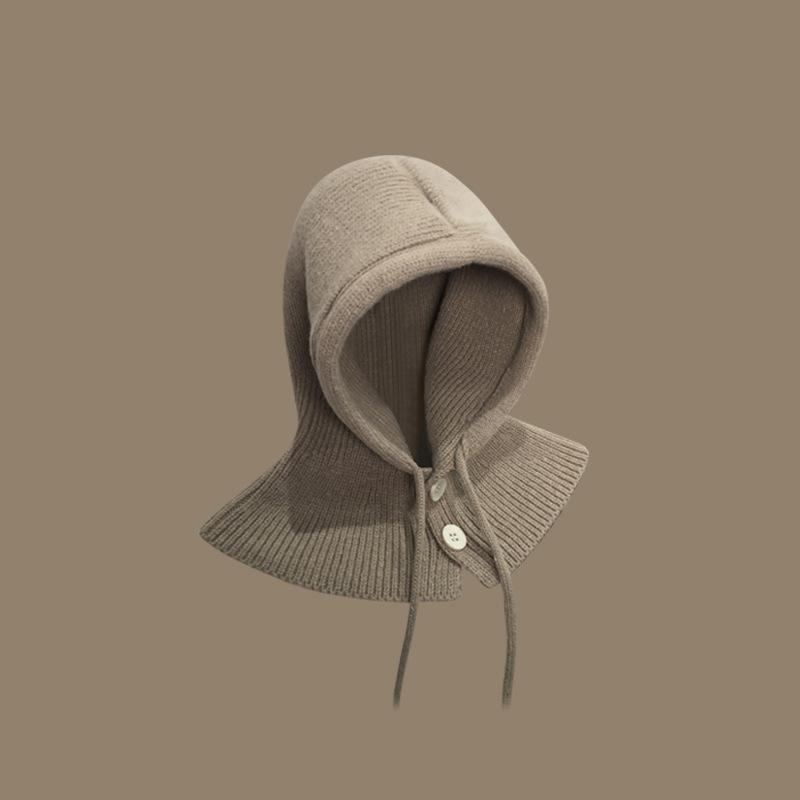 Style Hat Versatile Solid Color Warm Cover With Drawstring Hatscaps Knitted