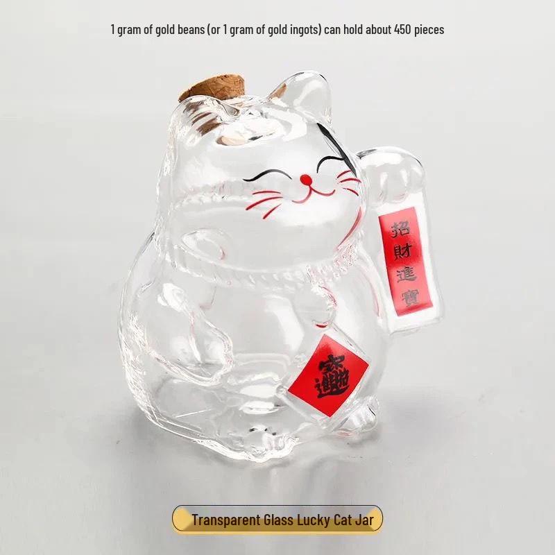 High Borosilicate Glass Lucky Cat Gold Bean Storage Container - Festival Gift