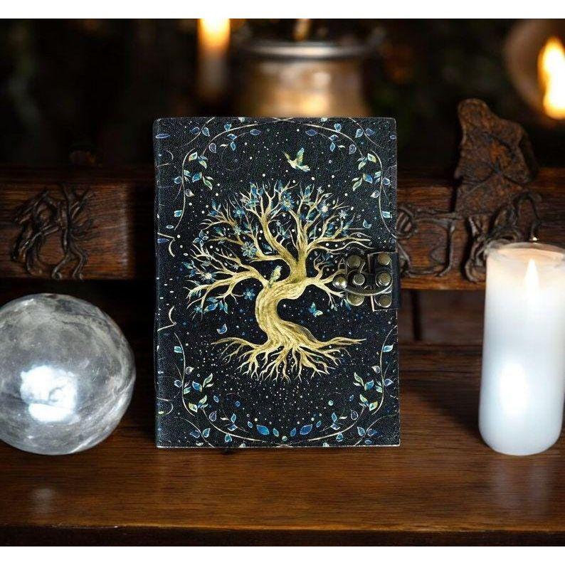 200  Page Large Grimoire Vintage Leather Journal, Tree of Life Fat Journal, Blank Spell Book of Shadows Celestial Gifts For Him Her
