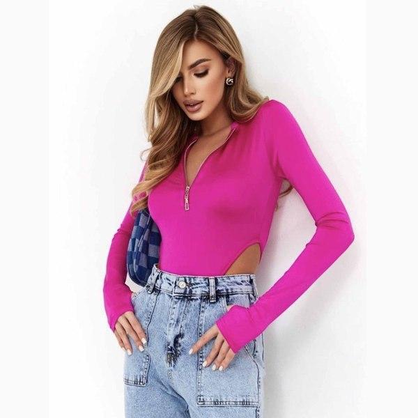 European and American Autumn and Winter Women's New Solid Color Velvet Long Sleeved Zipper Round Neck High Fork Jumpsuit