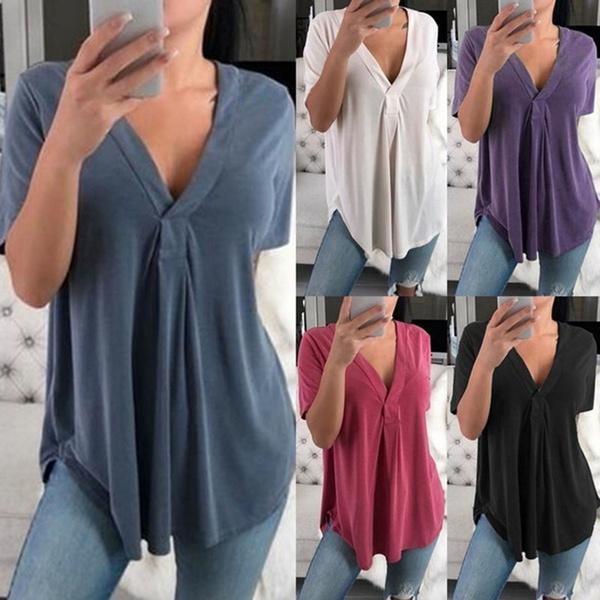 Summer Sexy Women Fashion Casual Loose Tops Casual T-Shirt Summer V-Neck Solid Color Plus Size Short Sleeve Blouse