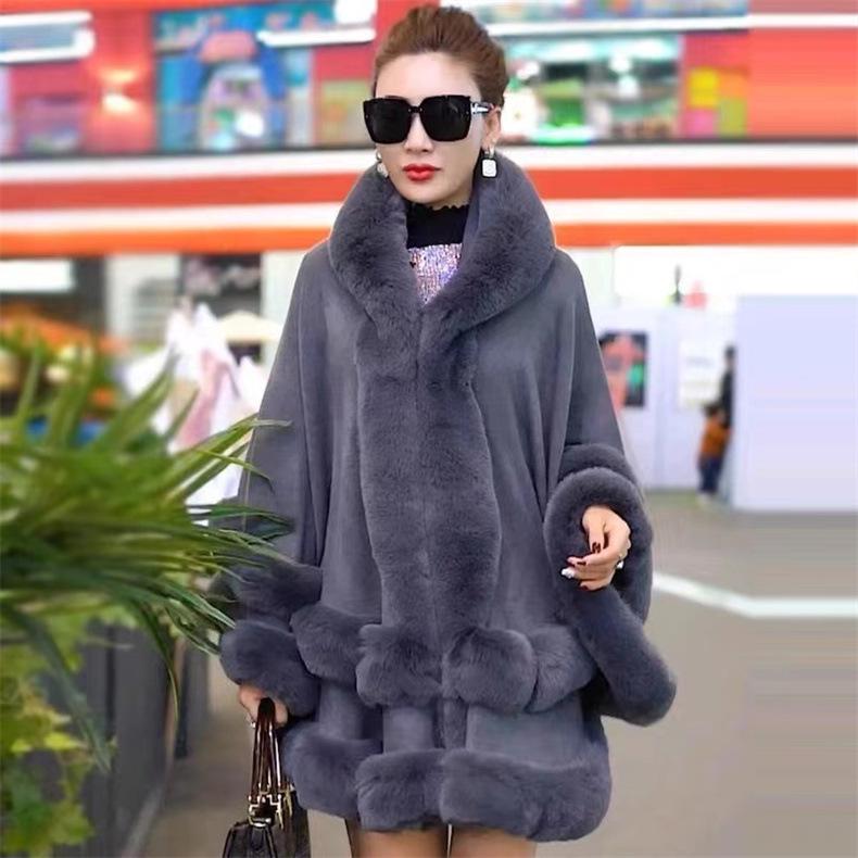 European & American Plus Size Fur Collar Hooded Cloak Shawl Women's Knit Cardigan Cape Coat for Autumn & Winter