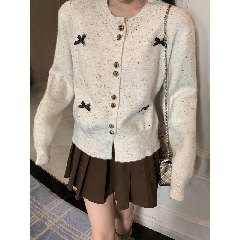 Gentle Sweet Bows Single-Breasted Long Sleeve Sweater Knitwear Women's Autumn Fancy Graceful Slim-Fit Tops