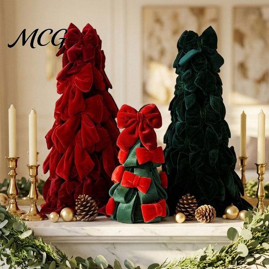 Dining Table Christmas Centerpiece Velvet Bow Tree Decoration, Shaped Photo-ready Decor Tabletop Ornament for Fireplace Window Holiday Stacked