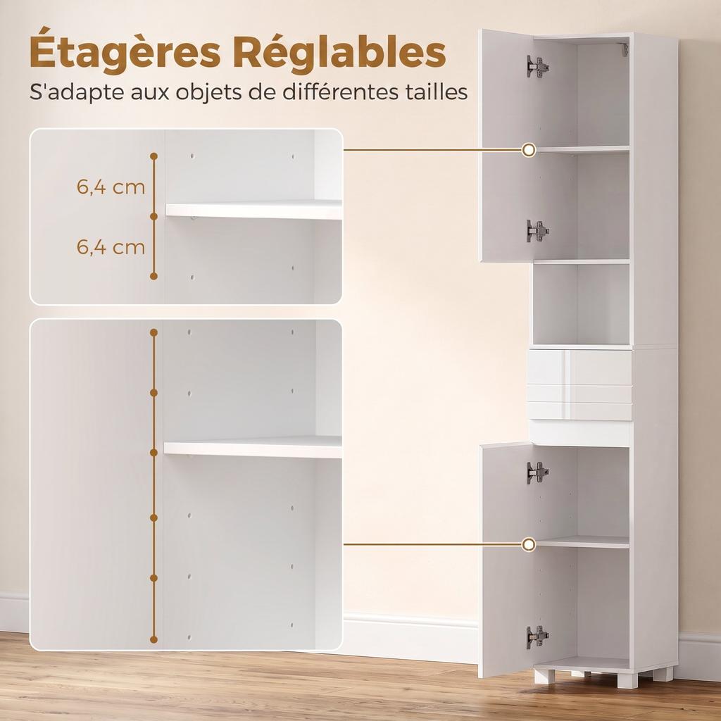 Bathroom Cabinet, 2 Doors, Drawer, Open Shelf, Adjustable Shelves, 30 x 30 x 170 cm, White