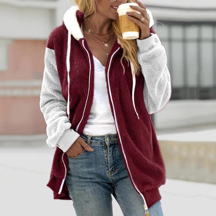Hooded Zip Multicolor Women's Large Size Loose Coat Paneled Plush Jacket