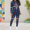 Women Plus Size Red Navy Star Printed Two Piece Set Round Neck Long Sleeve Top Fitted Pants