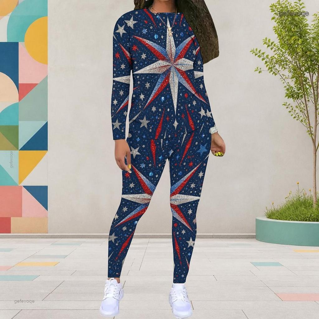 Women Plus Size Red Navy Star Printed Two Piece Set Round Neck Long Sleeve Top Fitted Pants