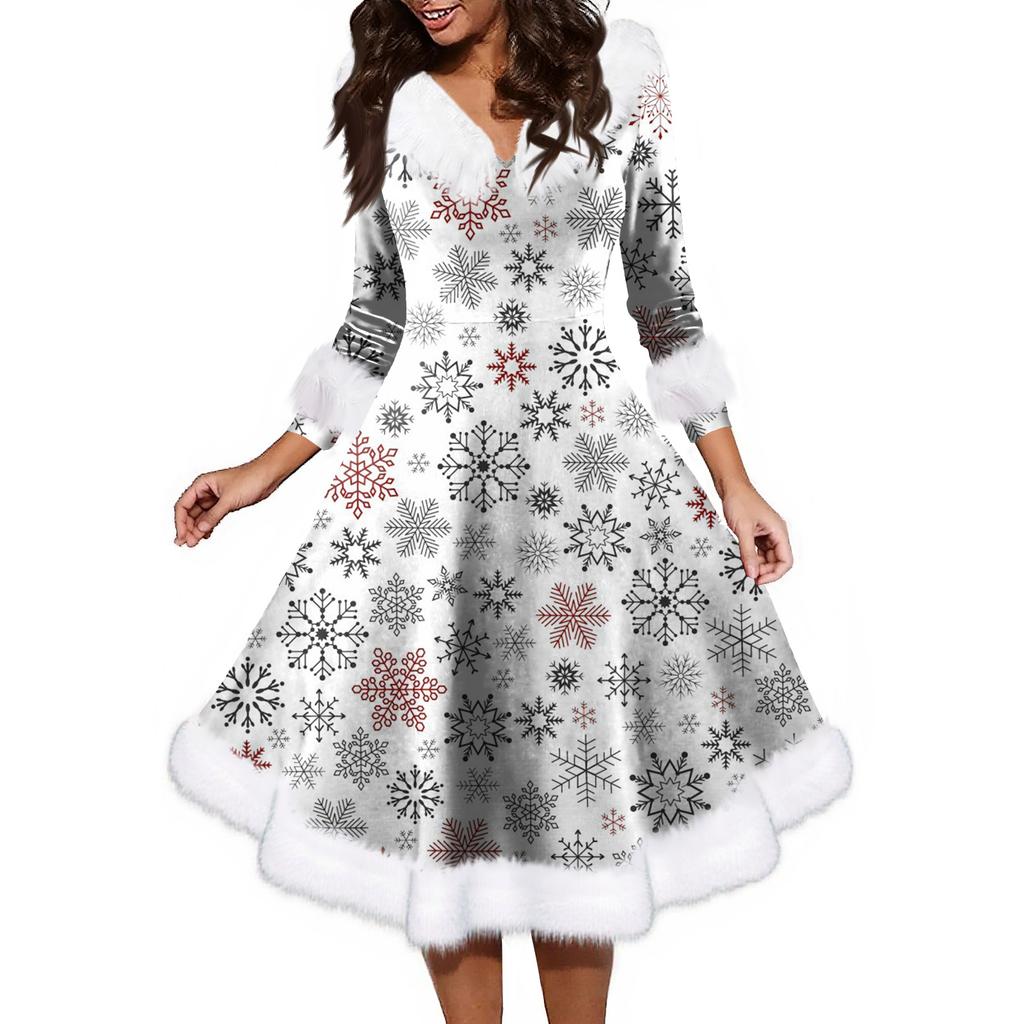 Women's Fashion V-neck Casual Fit Christmas Print Party Long Sleeve Dress