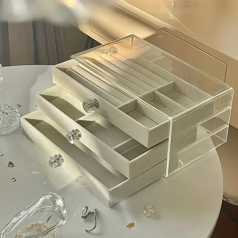 3-Tier Dust-Proof Acrylic Jewelry Organizer Box, Elegant Modern Rectangular Tabletop Display Case Jewelry Boxes and Packaging