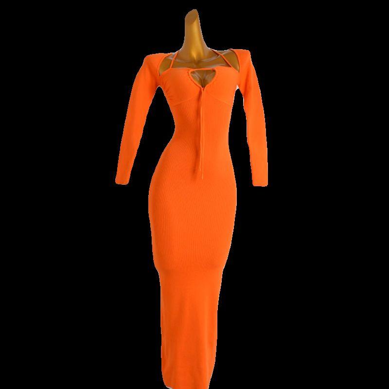 Fashion Style Sexy Low Cut Halterneck Knitting Dress Women's Tight Waist Thin over the Knee off-Shoulder Spaghetti Straps Long Skirt