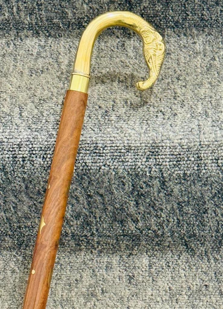 Walking Stick Black Twisted Pole With A Brass Elephant Head Comfortable Handle.