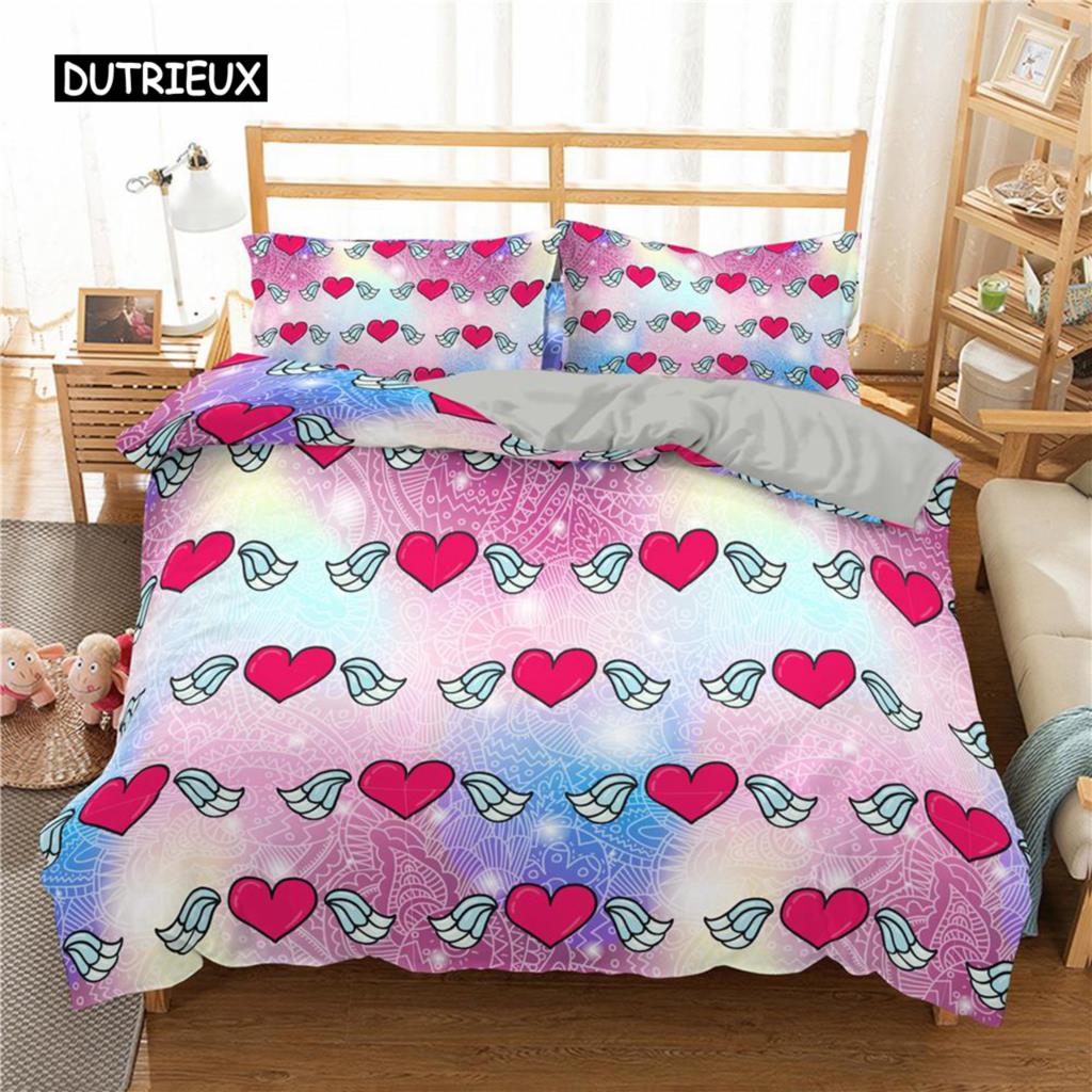 Love Heart Duvet Cover Set King Size Black Red Heart Spot Twin Quilt Cover Arrow of Love Polyester Bedding Set for Teens Couples