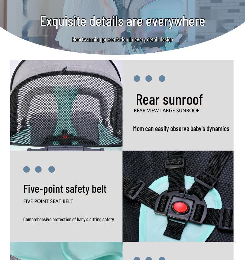 Lightweight Foldable Baby Stroller, Four-Wheeled, Convertible for Sitting or Lying, One-Button Fold Portable Design