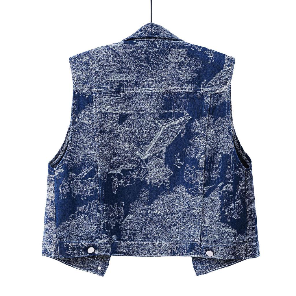 Retro Jacquard Denim Blazer for Ladies - Spring/autumn New Style. Embroidered Casual Piece with No Sleeves. Blouse-like Top.