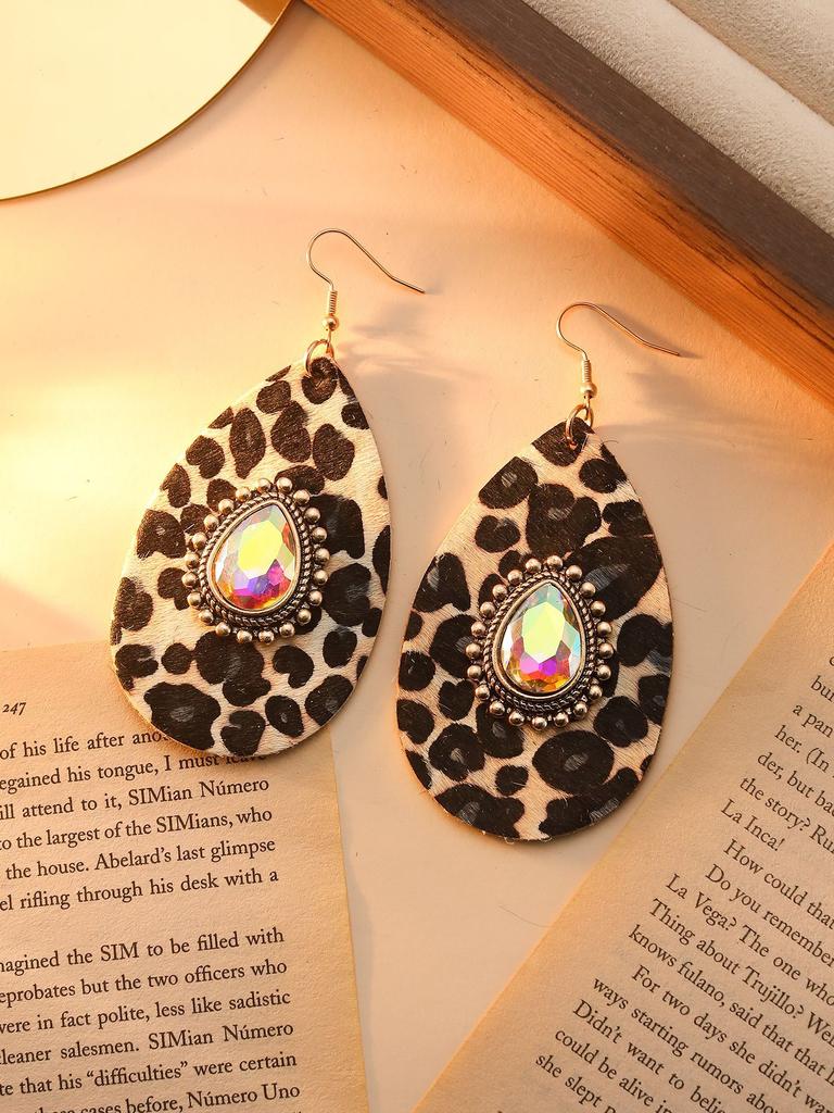 Exaggerated Metal Water Droplets Inlaid Turquoise Glass Earrings Leopard Exaggerated Personality Earrings Bohemian Retro Earrings