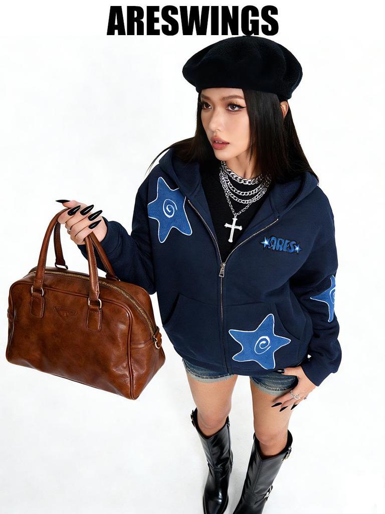 ARES 26 Heavyweight Fleece-Lined Men's Swirl Star Zipper Cardigan Hoodie - Embroidered, 400g Spring Style