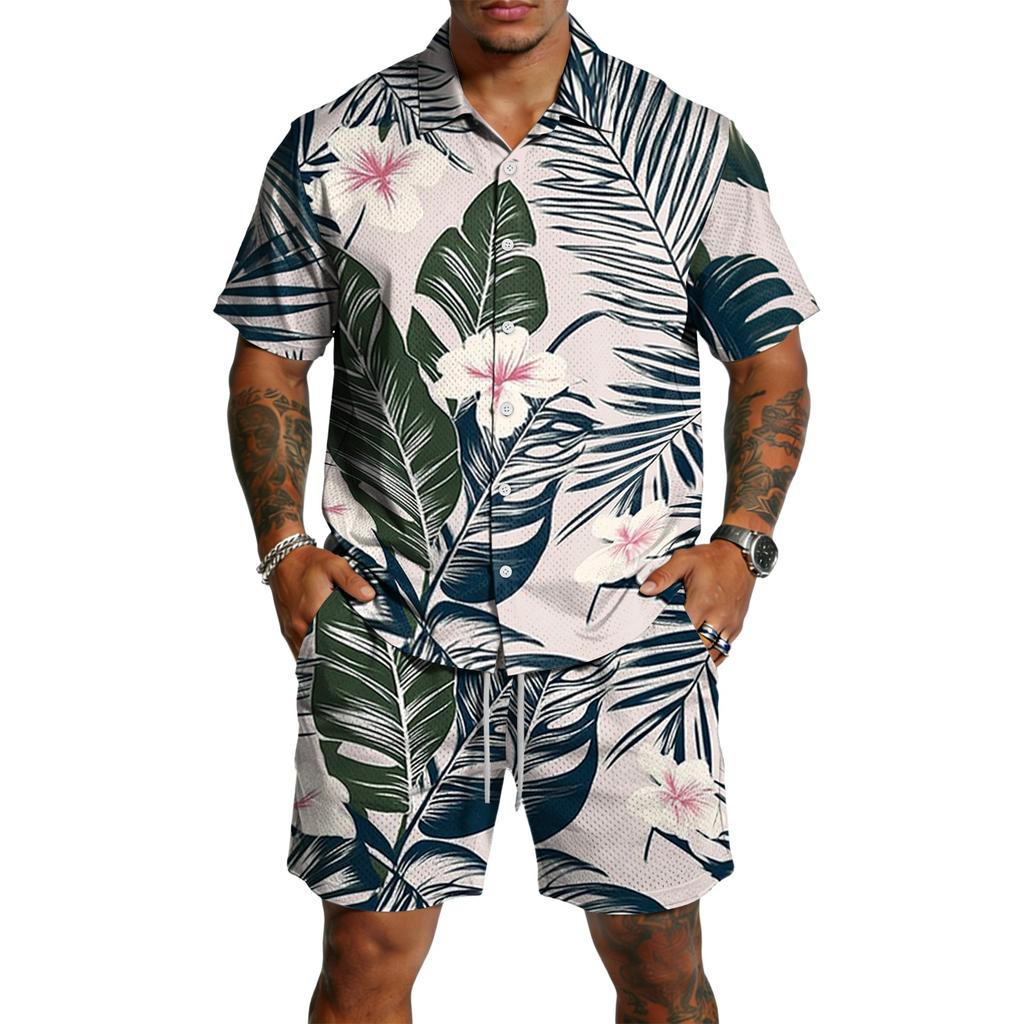 Men's Casual Printed Lightweight Breathable Shirt and Drawstring Shorts Set
