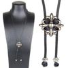 Mens Metal Cross Flower Pendant Cowboy Bolo Tie Western Artificial Leather Rope Necktie Jewelry Shirt Chain Necklace