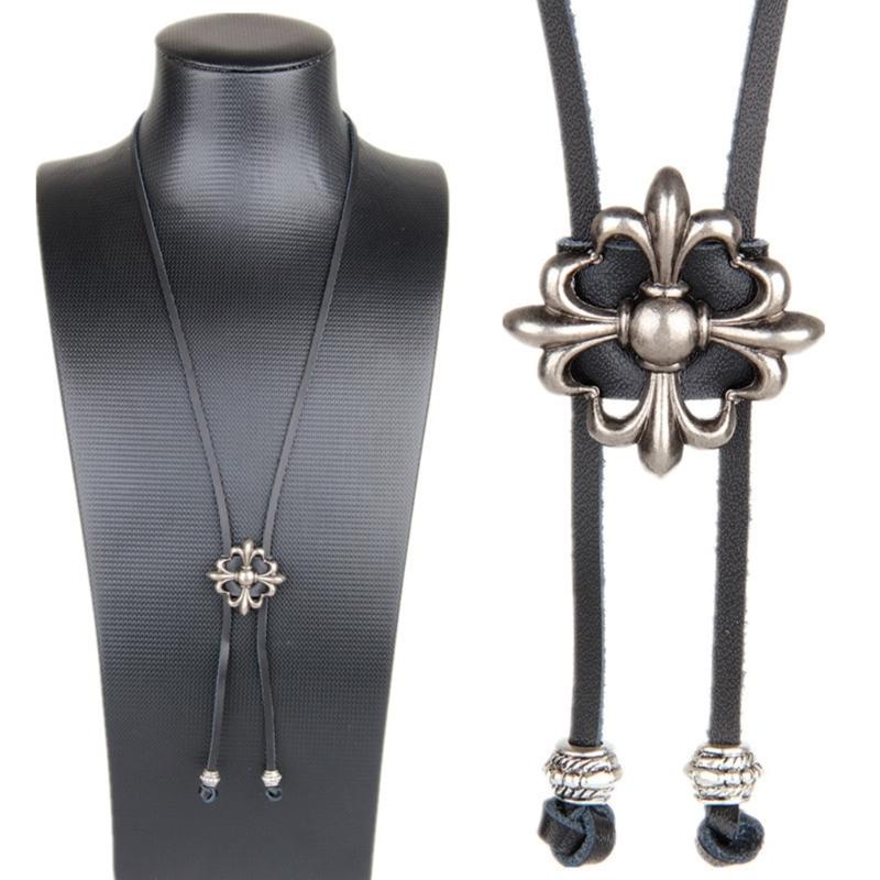 Mens Metal Cross Flower Pendant Cowboy Bolo Tie Western Artificial Leather Rope Necktie Jewelry Shirt Chain Necklace