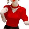 Women Summer Style Blouses Shirts Lady Fashion Casual Puff Short Sleeve O-Neck Solid Pearl Blouses Tops
