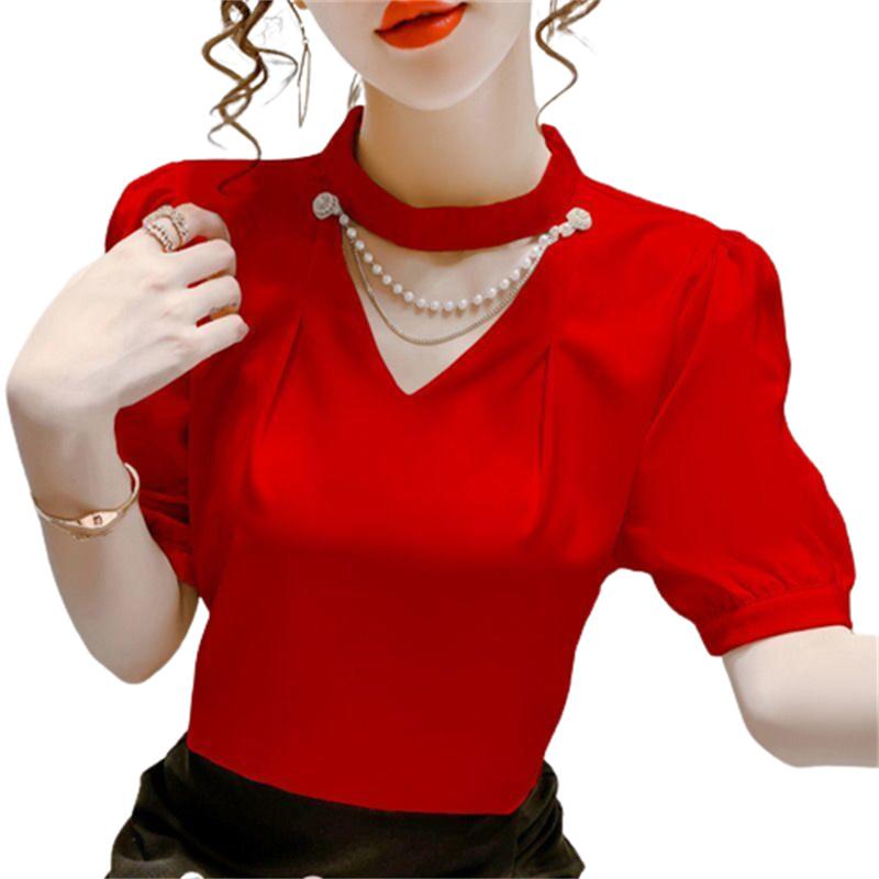 Women Summer Style Blouses Shirts Lady Fashion Casual Puff Short Sleeve O-Neck Solid Pearl Blouses Tops