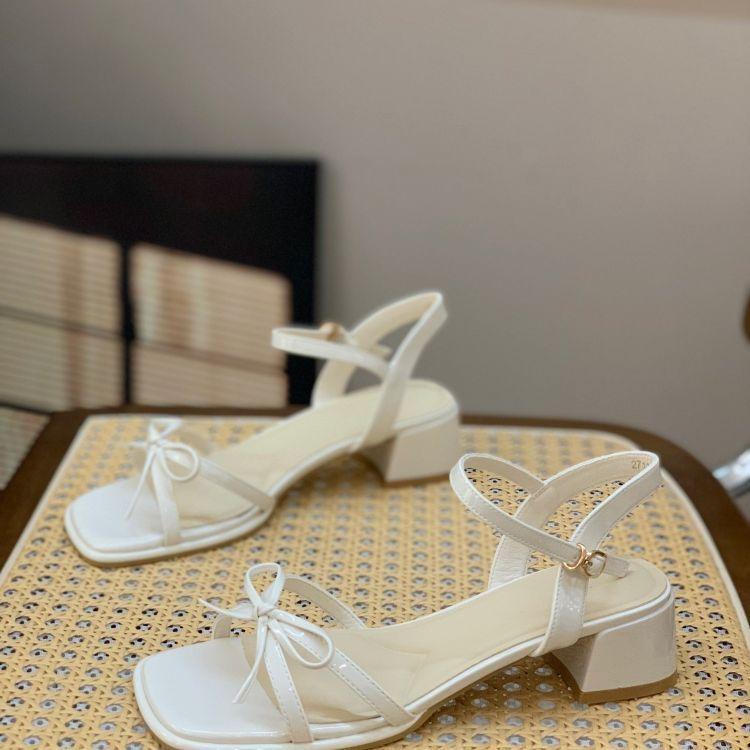 One Word with Temperament Sandals Women's 2025 Summer New Versatile Bow Thick Heel Thick Sole Square Head Fashion High Heels