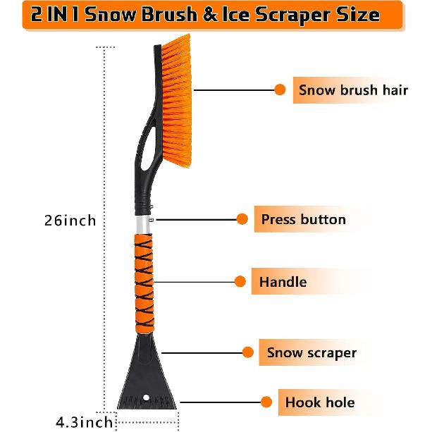 27" Car Snow Brush And Ice Scrapers For Car Windshield, 2-In-1 Detachable Ice Scraper And Brush For Car With Ergonomic Foam Handle, Suitable For