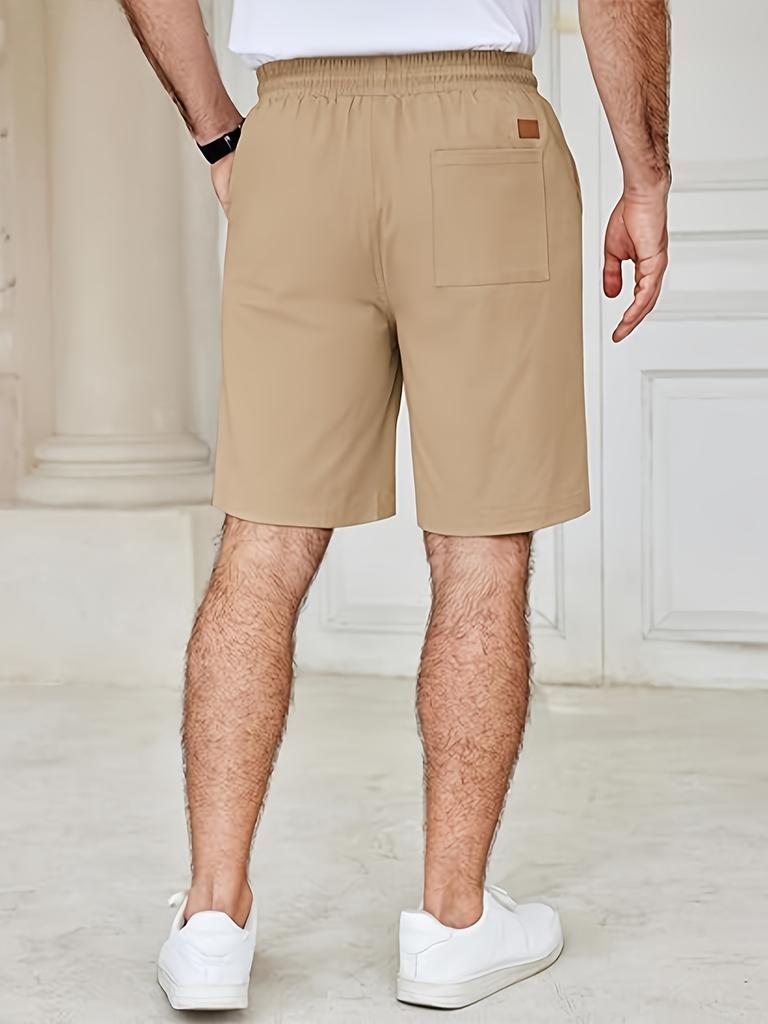 Men's Solid-color Suit Shorts with Leather Label Drawstring Casual Multi-pocket Capre Shorts