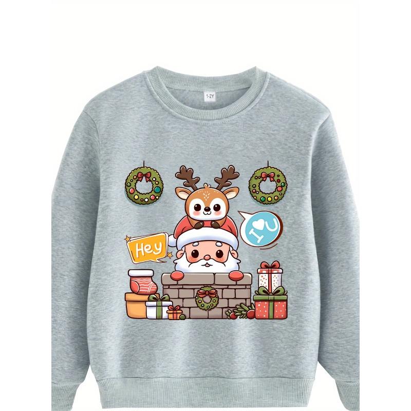 Kids Sweatshirt [Christmas] Hey Santa Reindeer Print Pattern Fleece Warm Through Sweater Fashion Print Pattern Wear Casual Long Sleeve