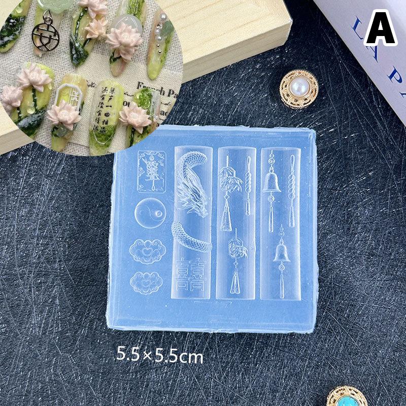 3D Silikon-Nagelkunstform im chinesischen Stil Exquisites Drachen Kupfermünzen Glocken Knöpfe Chinesische Knoten Fächerdesign für Nageldekoration