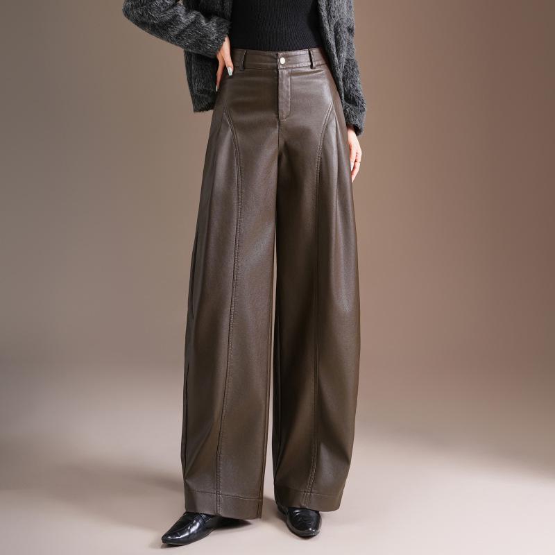 

Women s High-Waisted Wide-Leg Lambskin Leather Pants - Autumn/Winter 2025 Casual Motorcycle Style 27 кофейный