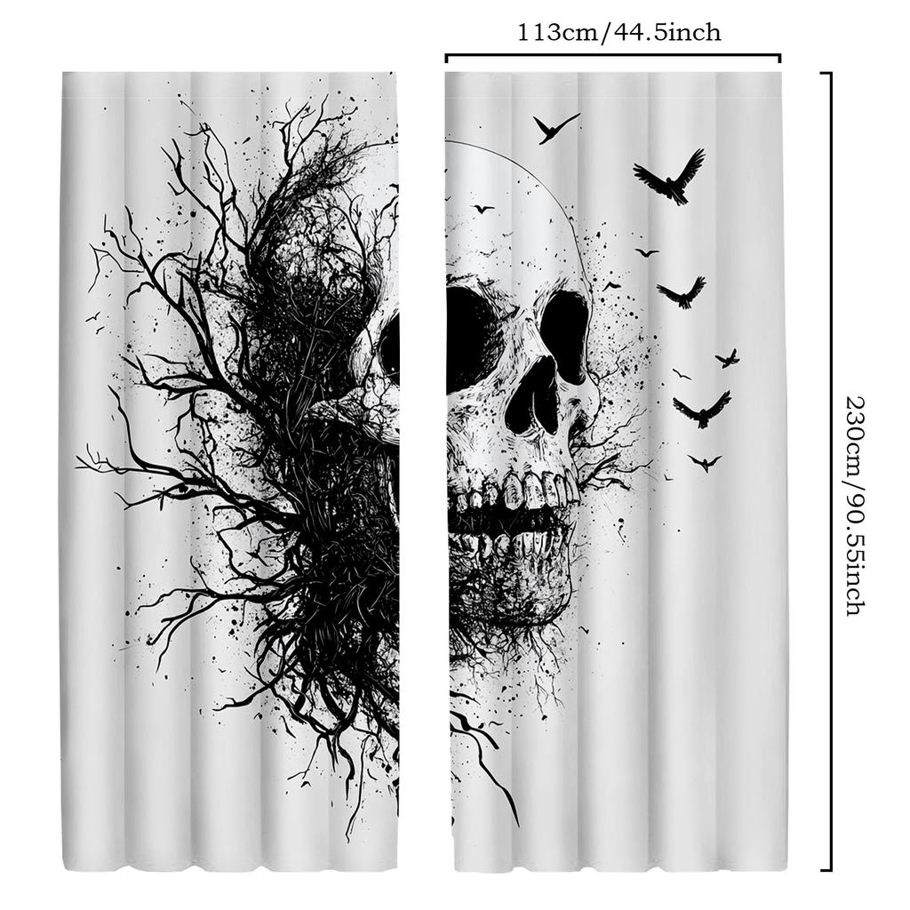 2pcs Classic Gothic Skull and Branches Black and White Polyester Decorative Curtains   Scary Art Design for Home Decor