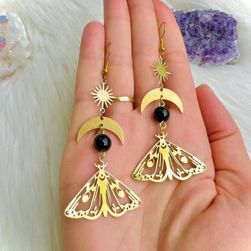 Golden Moth Moon Pendant Earrings with Black Jade & Crystal Butterfly Design
