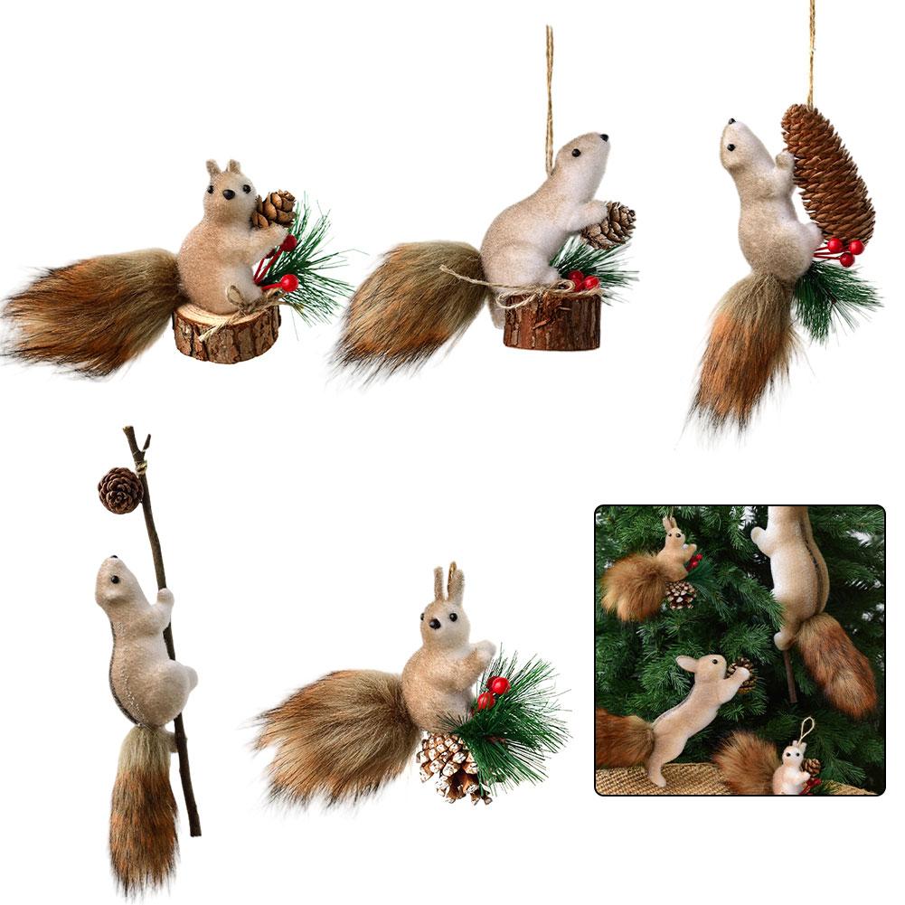 Five Hanging Squirrel Ornaments for Christmas Tree Foam Material with Wire Tail for Adjustable Poses and Display