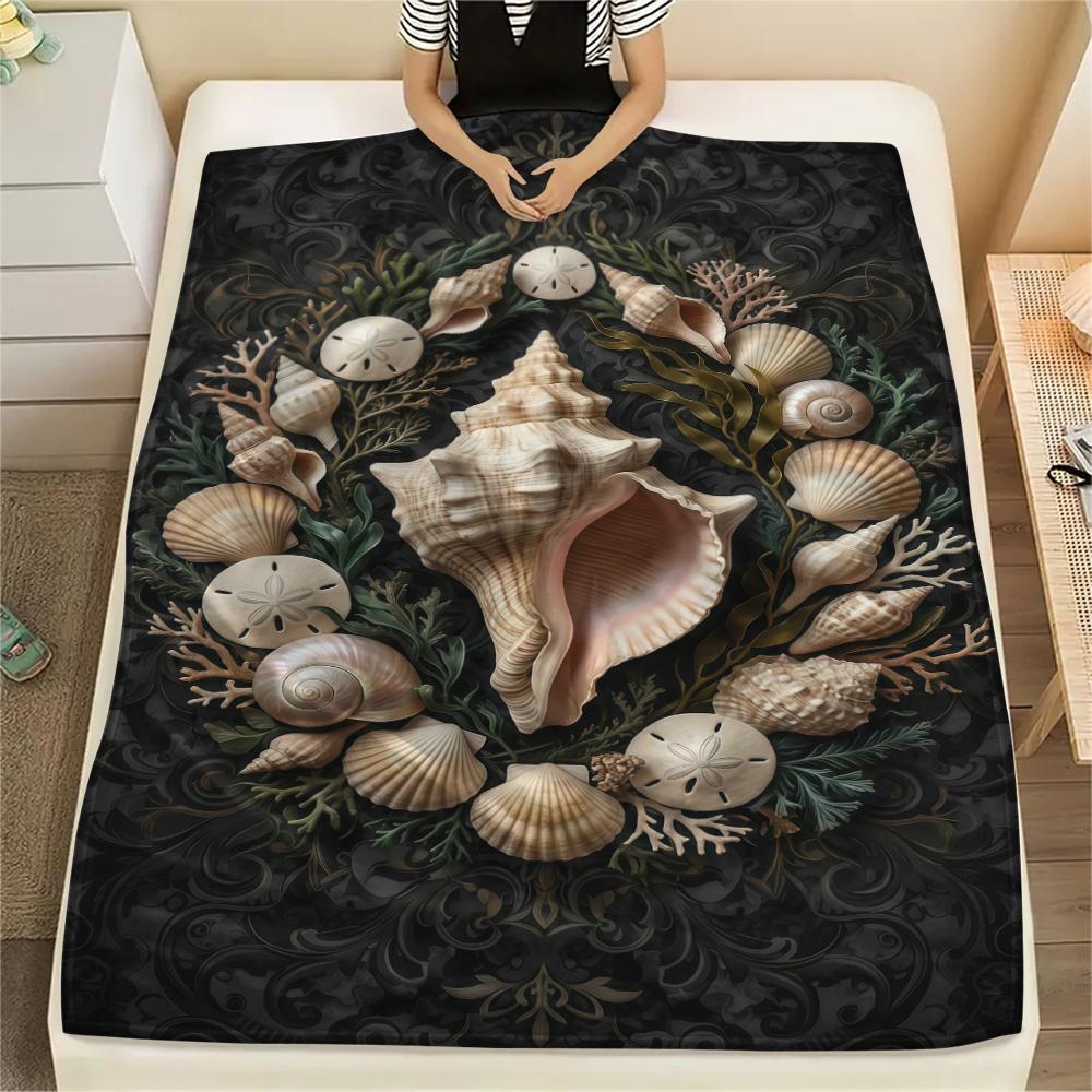 1PC Seashell  Print FlAannel Blanket, High quality Comfortable for All Seasons, Home Decor, Warmth and Comfort
