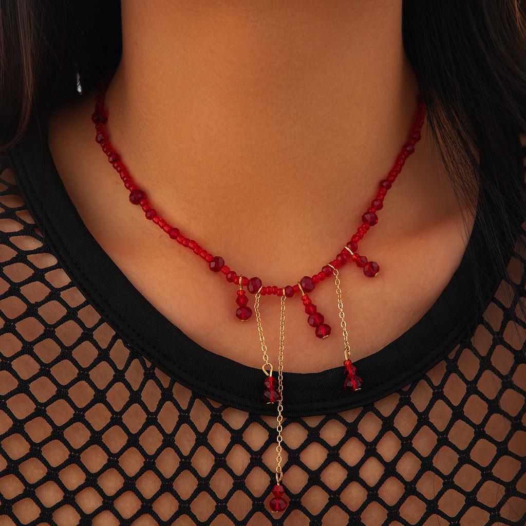 Gothic Halloween Blood Fringe Necklace Choker Creative Red Crystal Pendant Collarbone Necklace