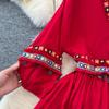 Abito Slim Vintage Ricamato Scollo a V per Donna Paillettes Frange Vocation Spiaggia A-line Abiti Casual Monopezzo Vestido Mujer Nuovo