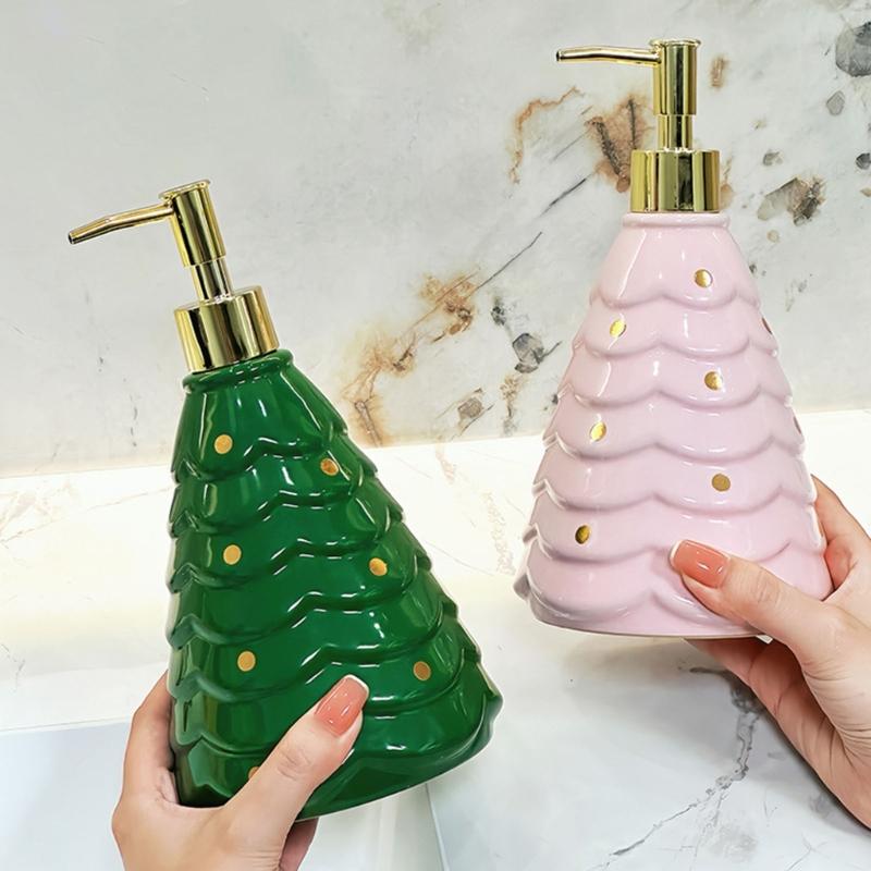 Festive Ceramic Pump Bottle Refillable Dispenser For Shampoo Body Wash Storage Christmas Themed Bathroom Accessory