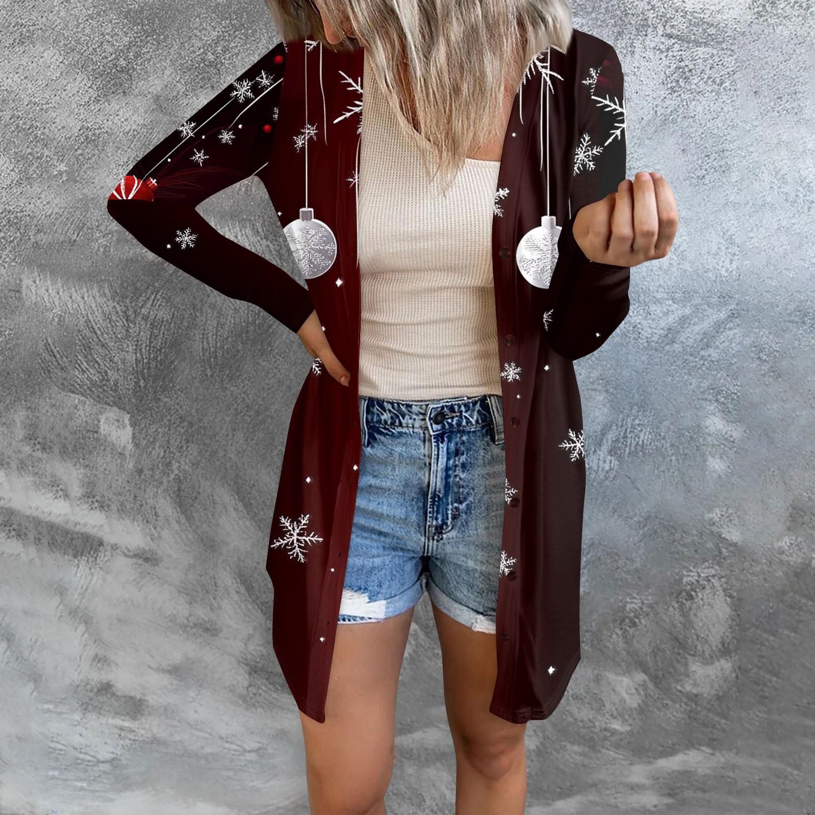 

Женская модная повседневная куртка с длинными рукавами и принтом средней длины, кардиган на пуговицах, пальто XXXL винный