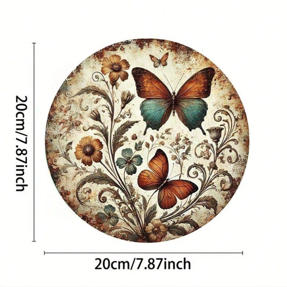 1pc Vintage Butterfly Wreath Metal Tin Sign 8x8 Inch Retro Round Wall Decor Home Kitchen Art