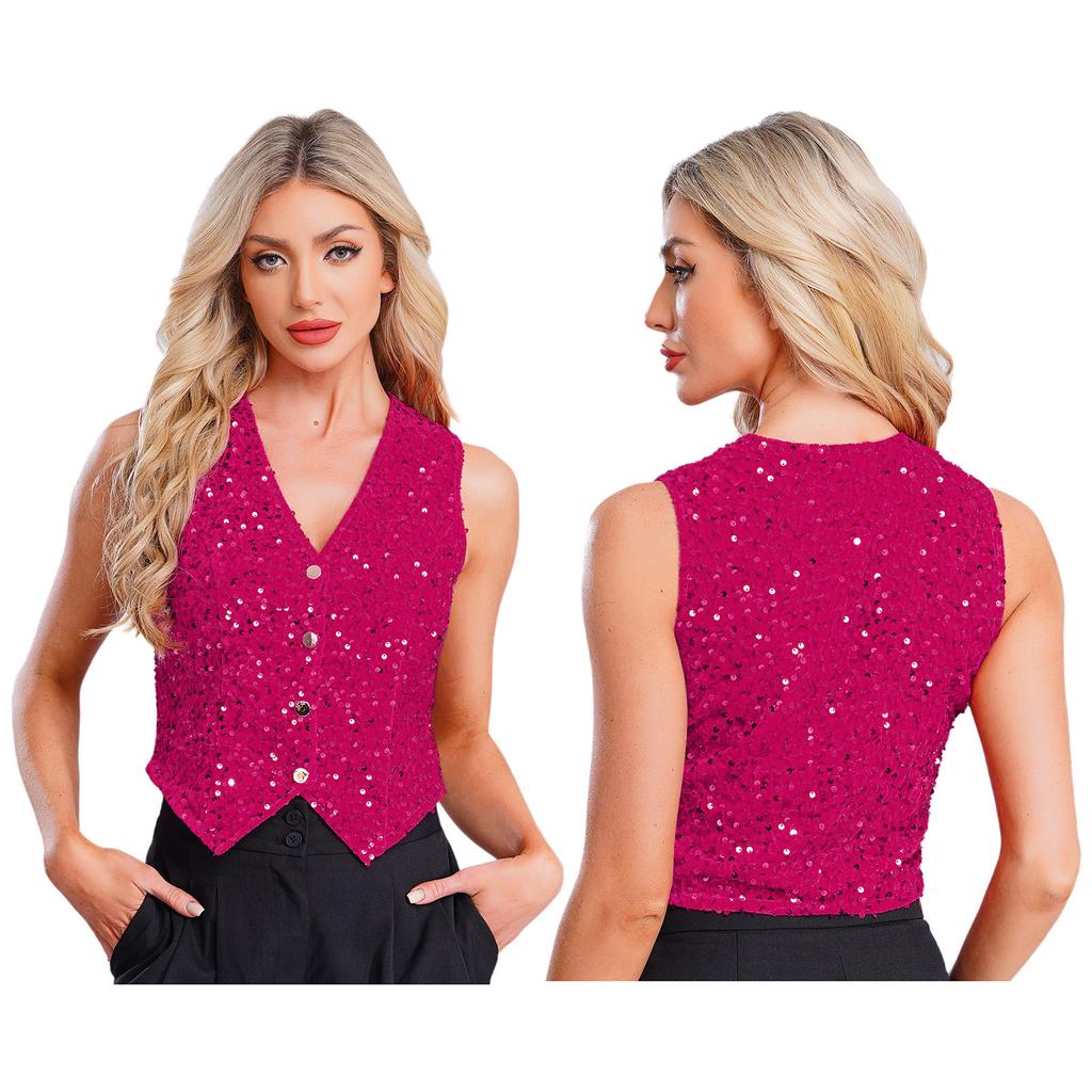 Women Sparkly Sequin Vest Sleeveless V-neck Irregular Hem Party Top for Cocktail Banquet Nightclub Summer