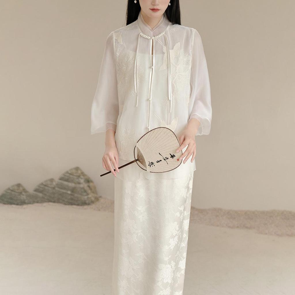 Women's Chinese Style Embroidered Tang Suit Two-Piece: Summer Jacquard Spaghetti Strap Dress & Top.