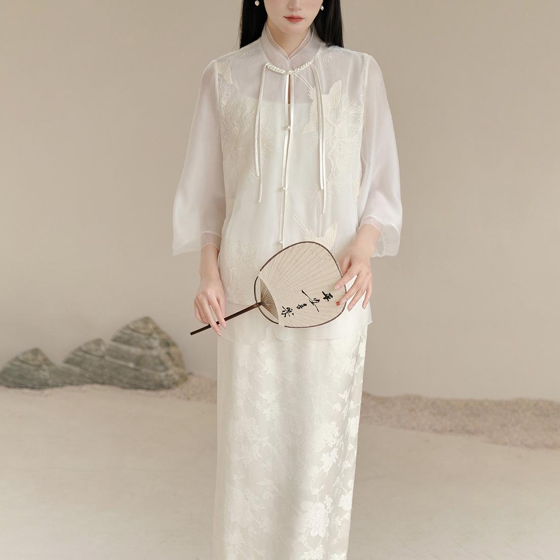 

Женский вышитый костюм Тан в китайском стиле, двухпредметный: Летнее жаккардовое платье на бретельках-спагетти и топ. M