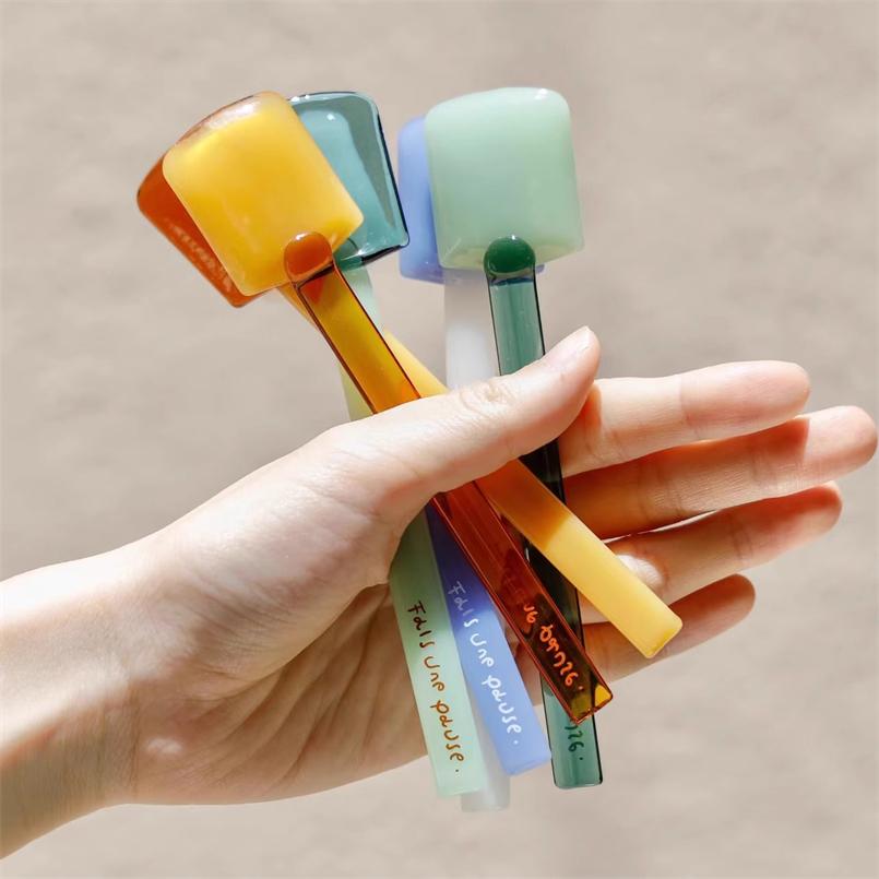 Korean-style Two-color Long Handle Glass Spoon Pudding Ice Cream Dessert Spoon Simple Heat-resistant Coffee Mixing Spoon