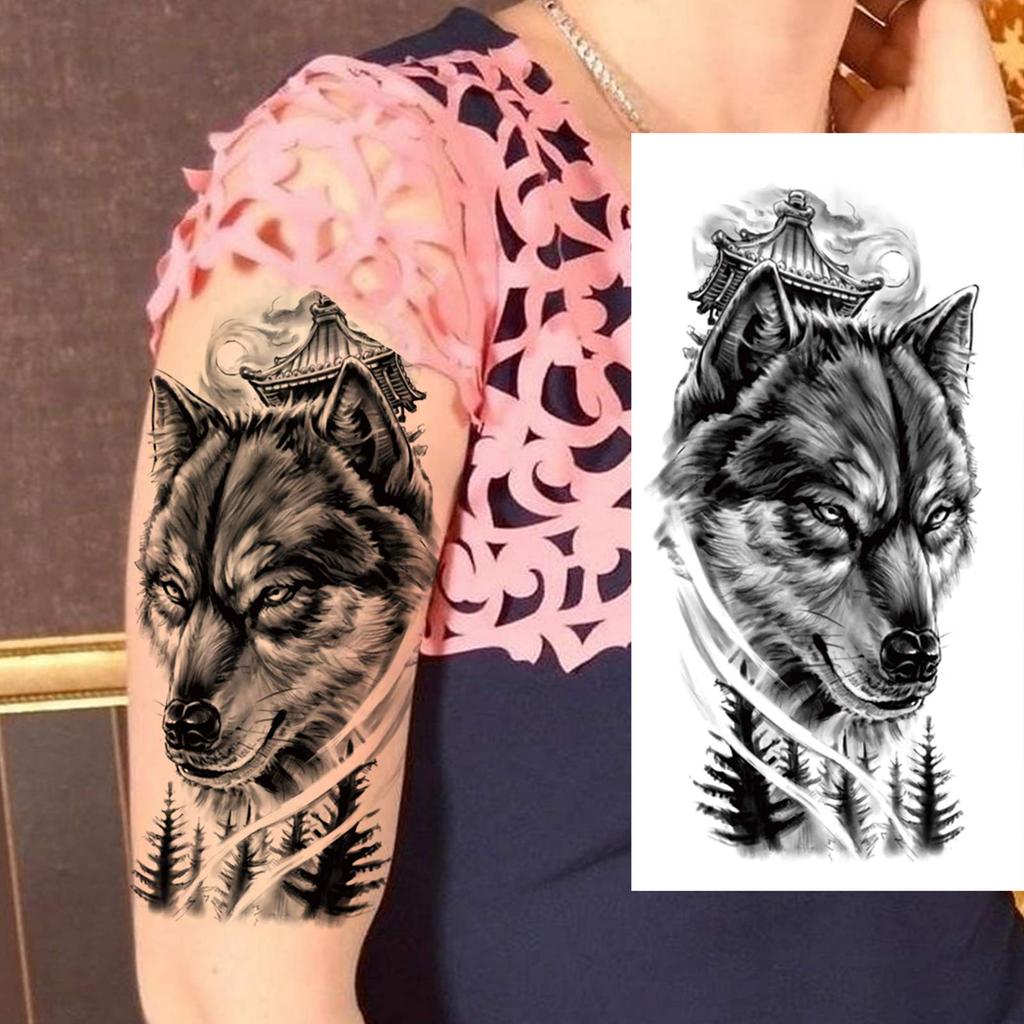 1 Sheet Wolf Lion Tiger Fake Temporary Tattoos For Man Women Adults Skull Black Warrior Tattoo Sticker Animals Sleeve