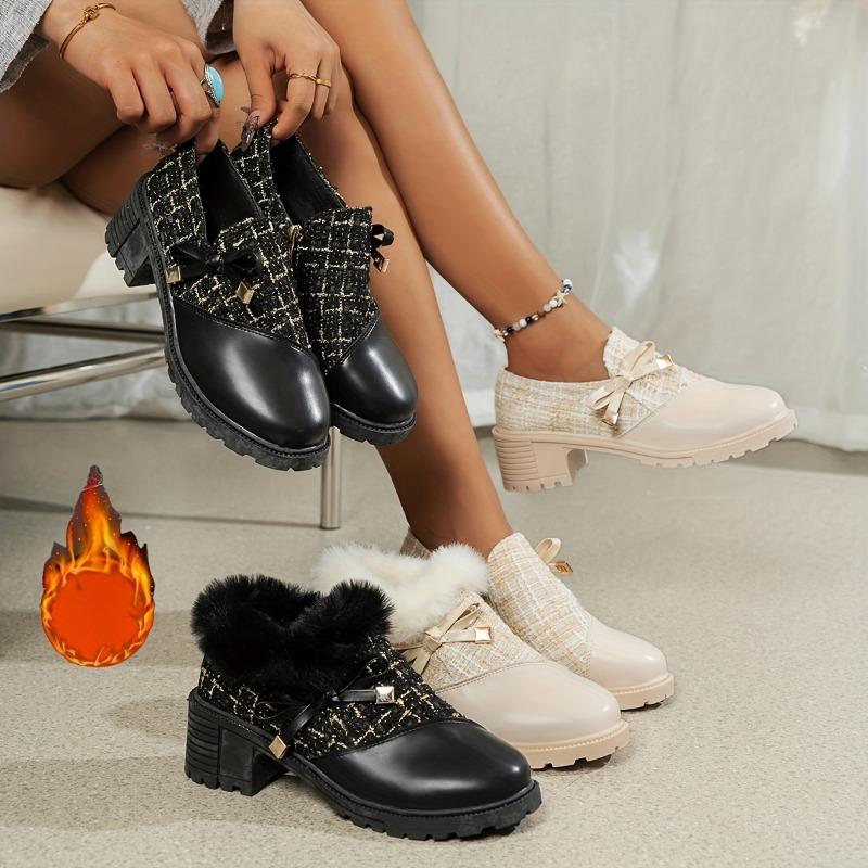 Heel Shoes with Bouclé Patch and Bow Decoration