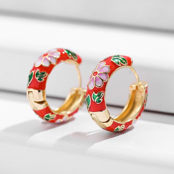 Orecchini a Cerchio Piccoli Floreali Colorati Vintage Fiori e Piante in Metallo Smaltato Cerchio Huggie Hoops Gioielli Trendy da Donna Regalo