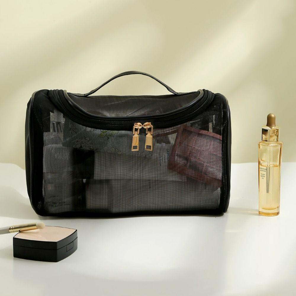 

Large Capacity Mesh Cosmetic Bag Solid Color Handheld Makeup Pouch Transparent Makeup Bag Travel S