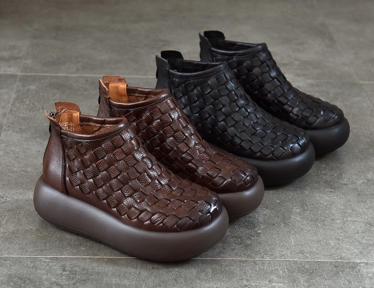 Women's Retro Handmade Genuine Leather Platform Ankle Boots - 2025 Design, Knitted Thick Sole, First Layer Cowhide Cotton Boots